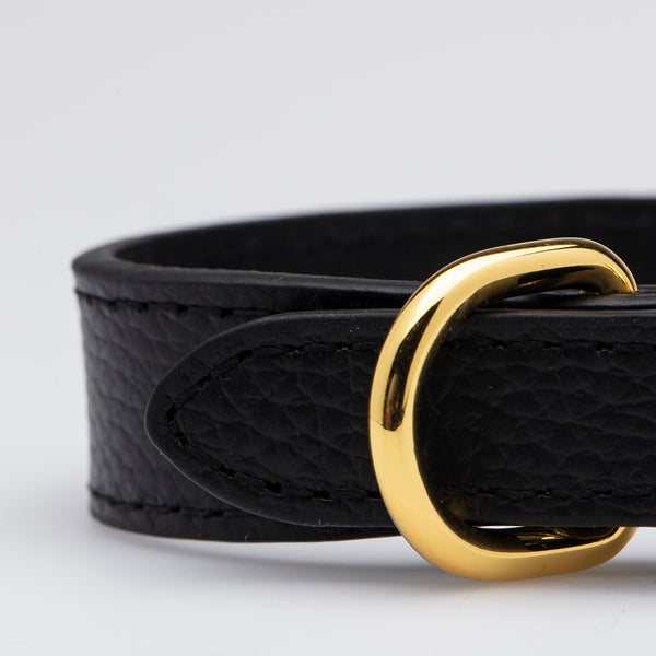Close-up af guld detalje på sort hundehalsbånd i vegansk læder.