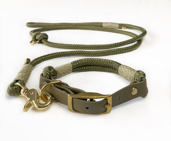 Grønt hundehalsbånd med gyldne detaljer lavet i reb og vegansk læder med matchende hundesnor med guld karabinhage.